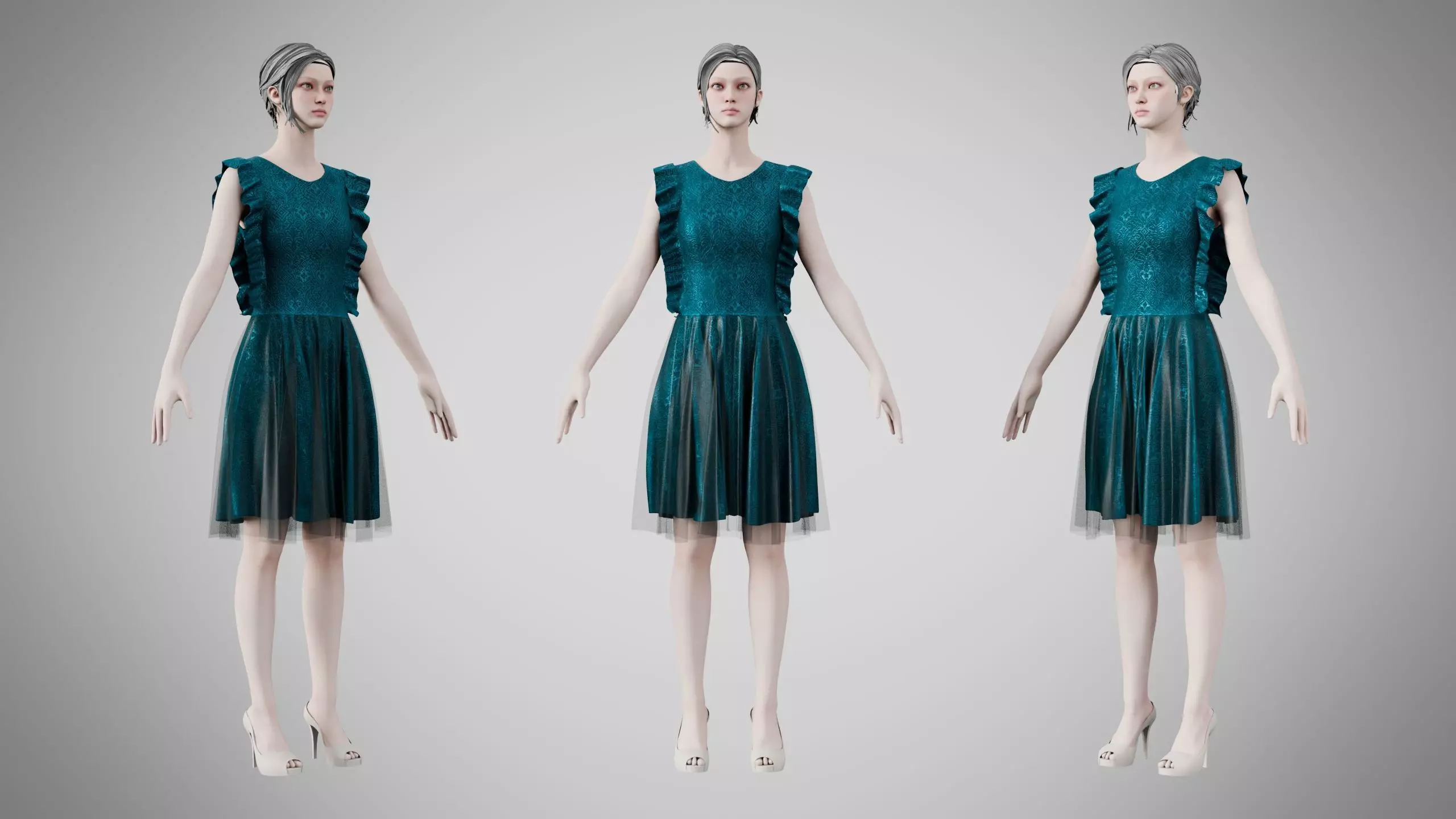 Dress 20 Teal Velvet With Design Low-poly 3D model