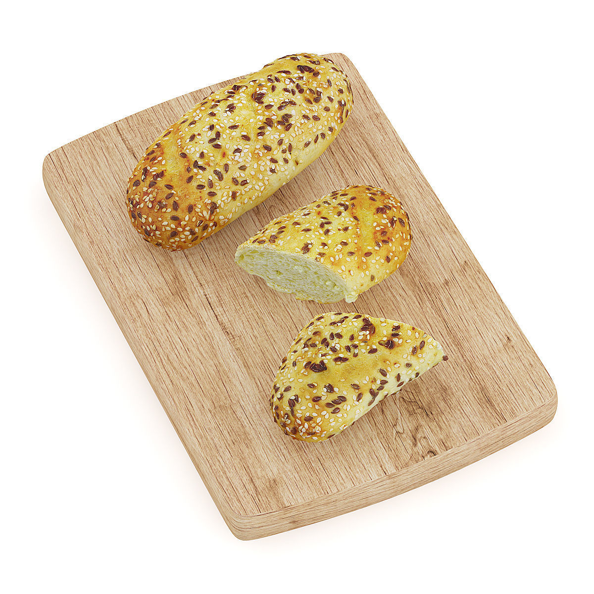 Buns with Sesame Seeds on Wooden Board 3D model_2