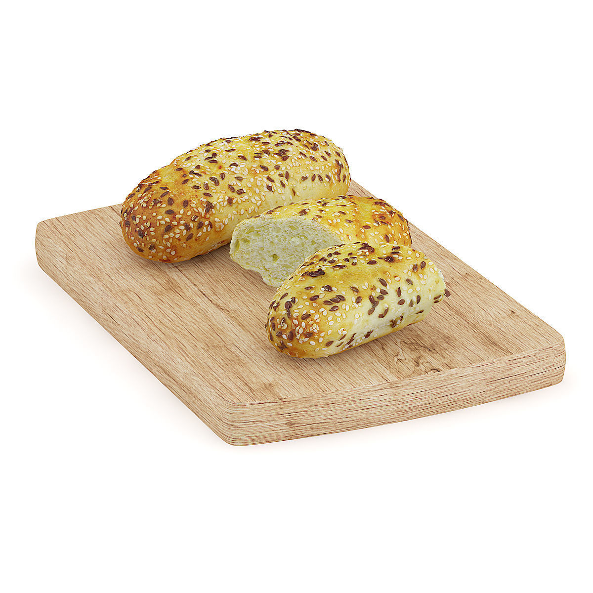Buns with Sesame Seeds on Wooden Board 3D model_4