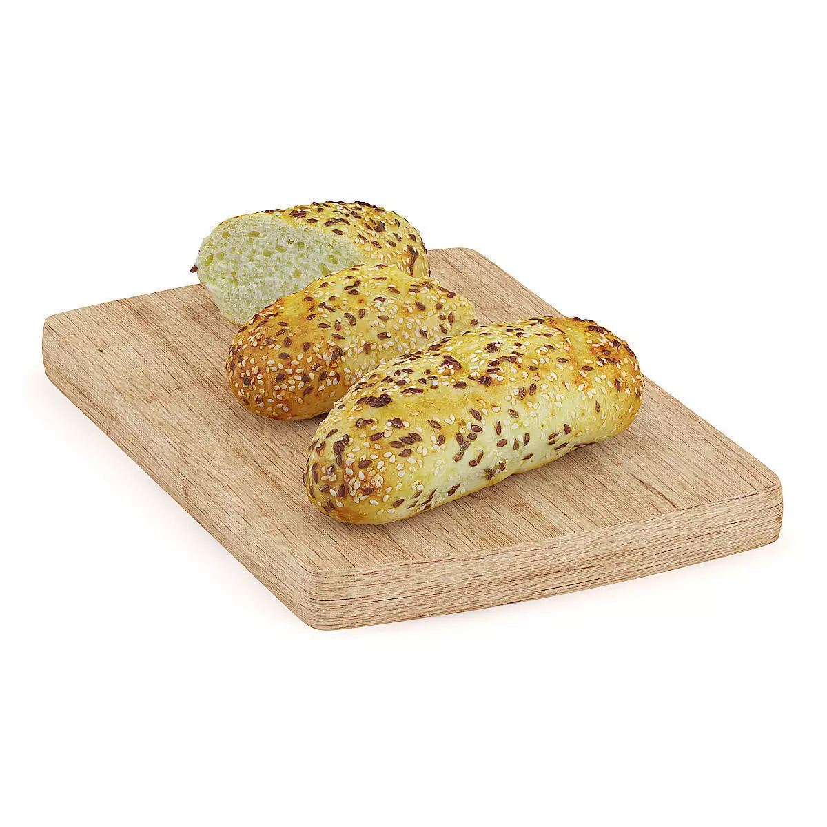 Buns with Sesame Seeds on Wooden Board 3D model_0