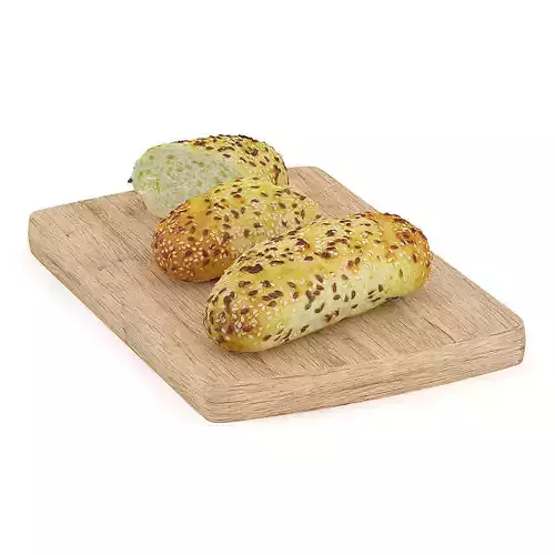 Buns with Sesame Seeds on Wooden Board