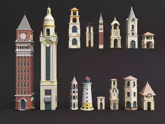 Stylized Tower Pack Clock Towers Bell Towers Lighthouse Models Low-poly 3D model