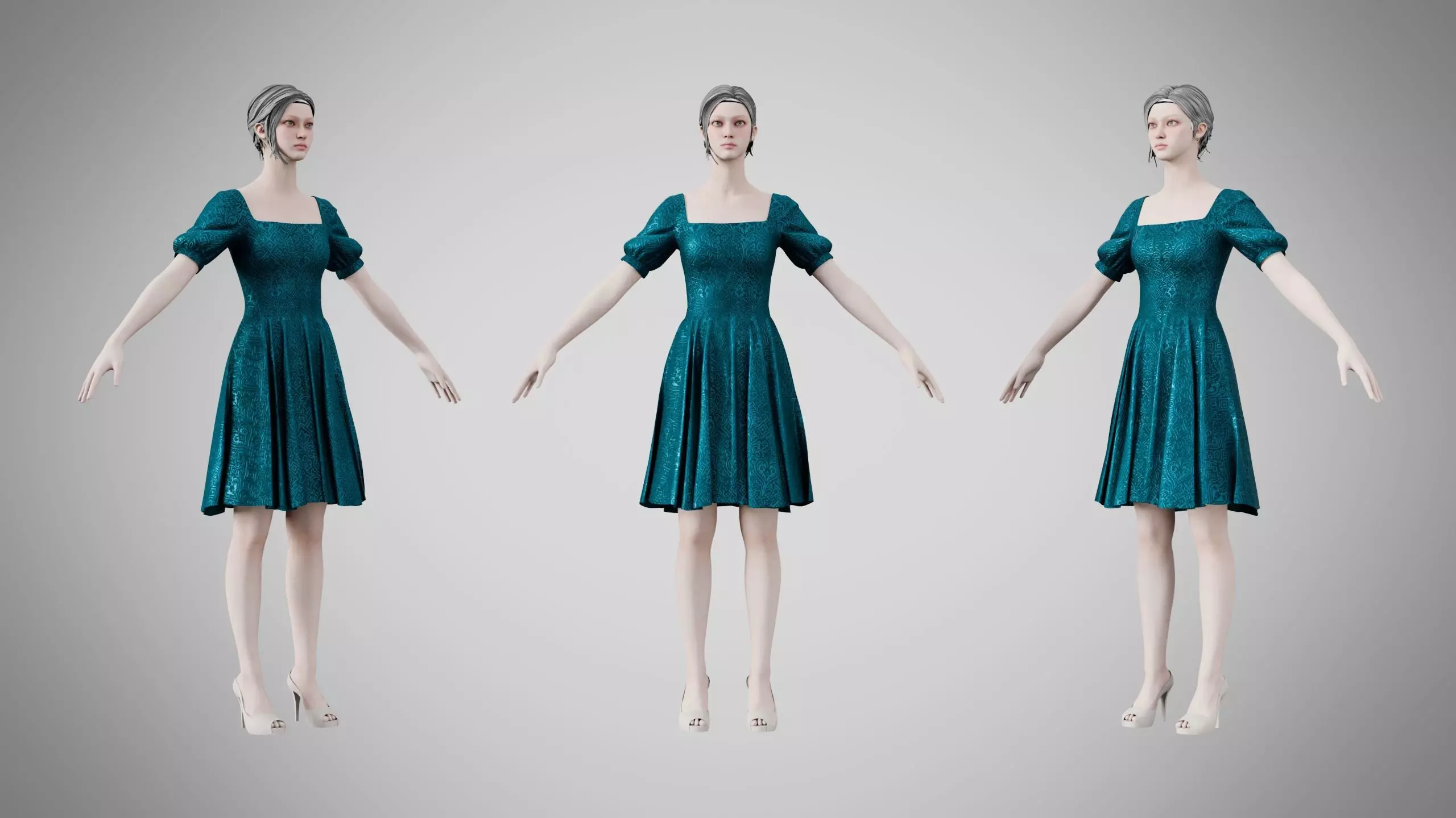 Dress 26 Teal Velvet With Design Low-poly 3D model