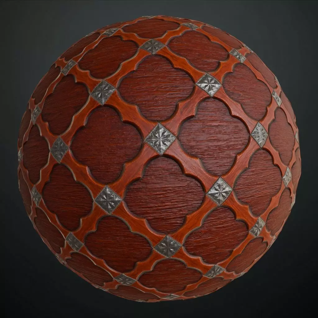 Ornate Wood Panel with Metal Studs PBR Seamless Texture
