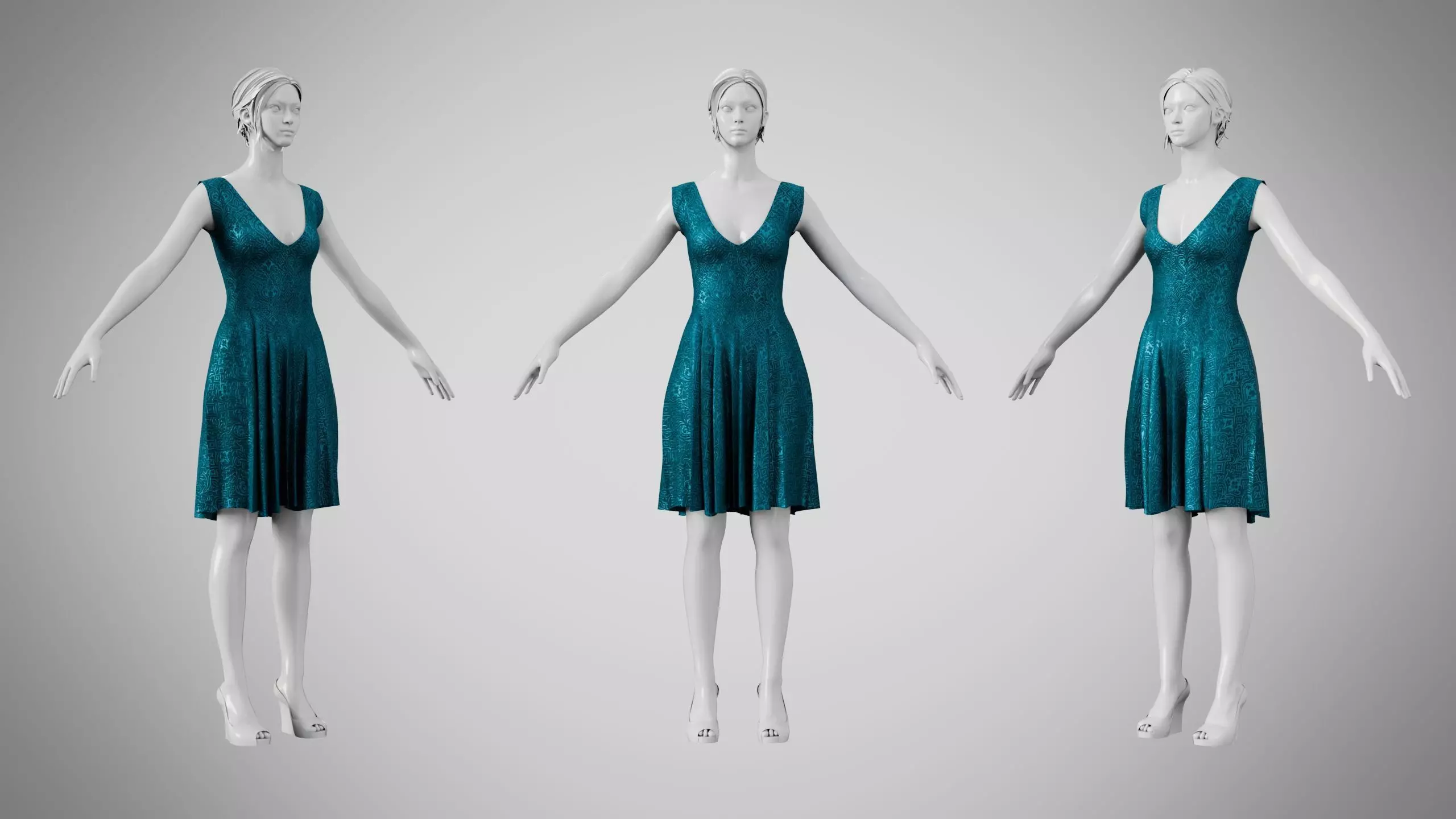 Dress 21 Teal Velvet With Design Low-poly 3D model