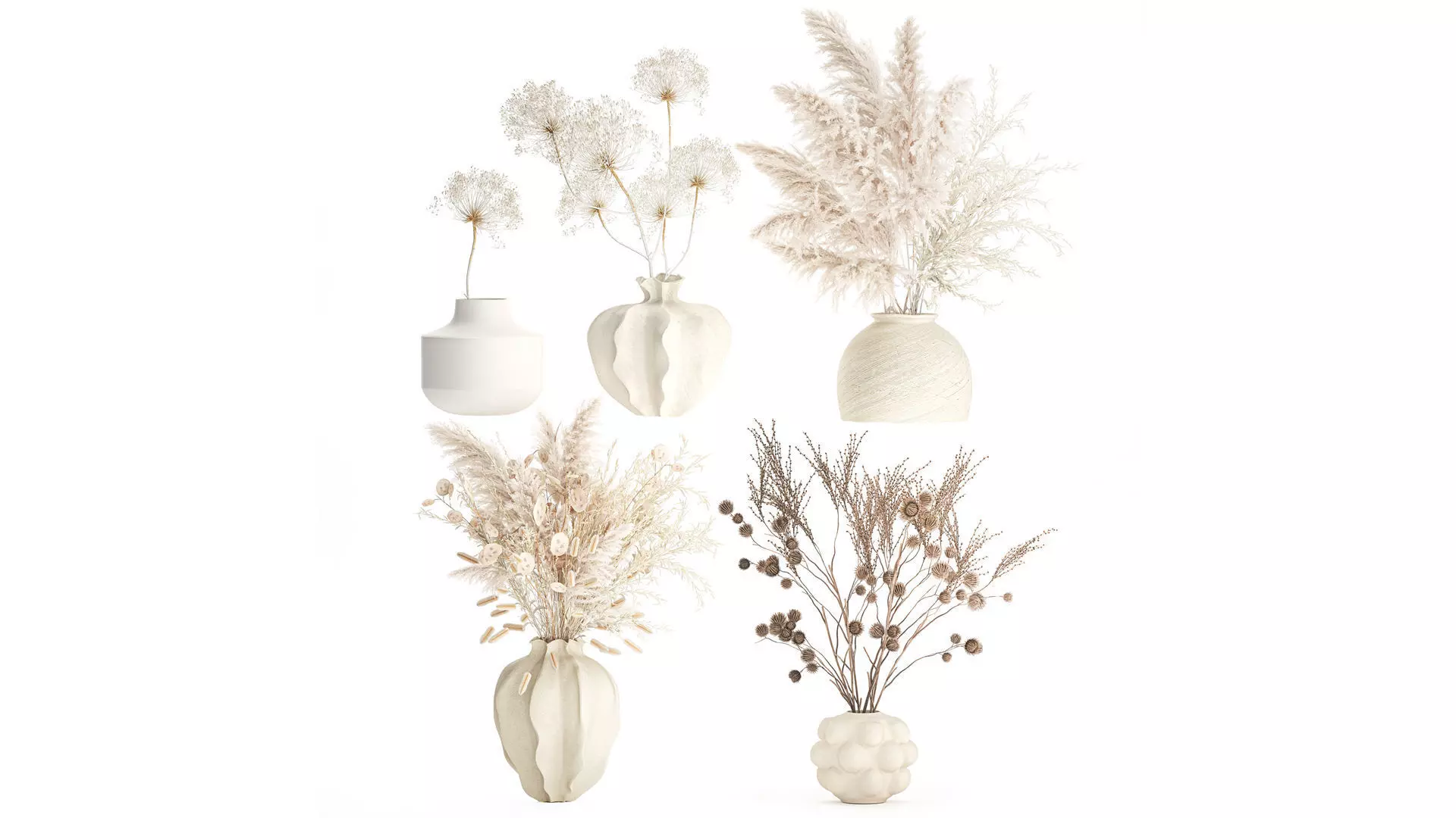 Collection of dried flower bouquets pampas branches vases set 3D model