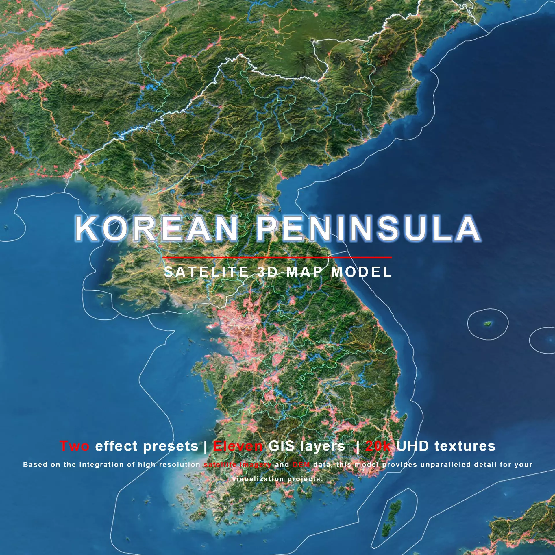 Korean Peninsula Map - 19K Realistic Satellite Terrain 3D model