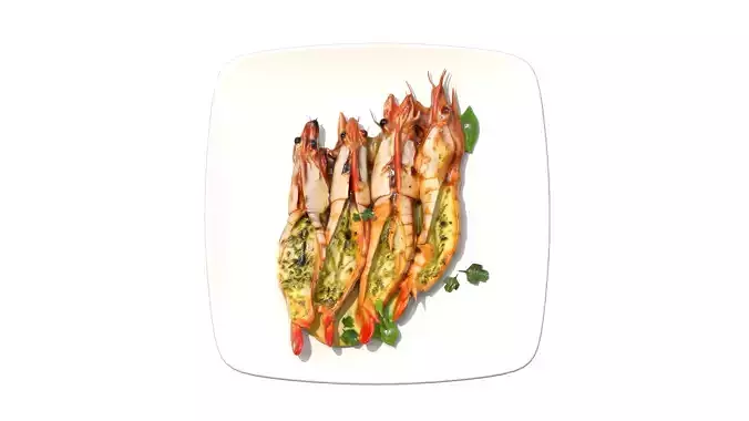 Grilled Jumbo Tiger PrawnsWith Macadamia Pesto Low-poly 3D model 2