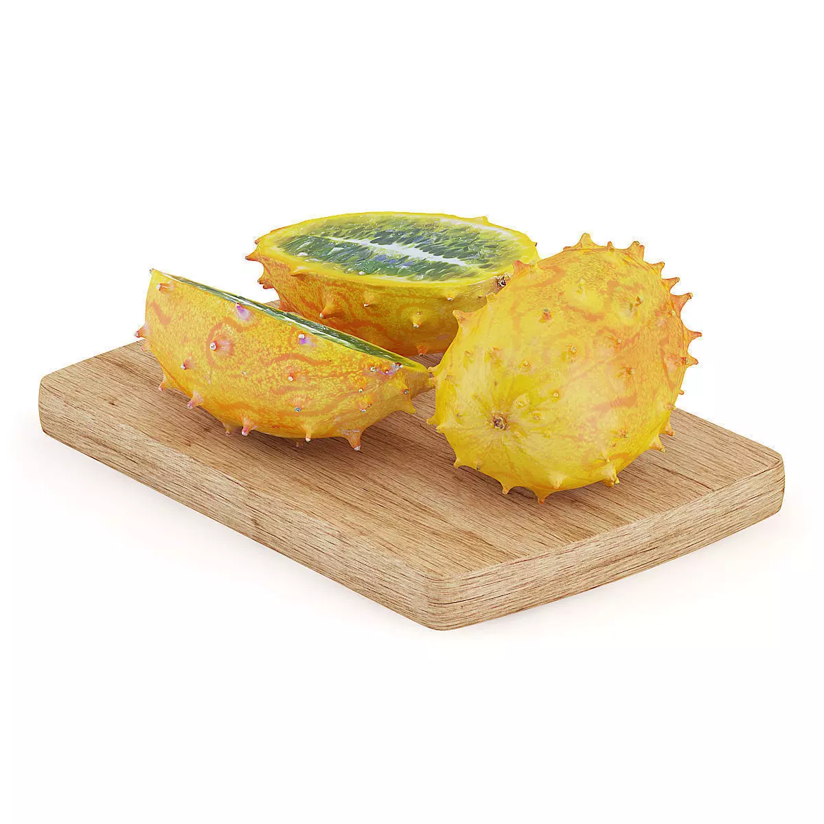 Sliced Horned Melon on Wooden Board 3D model_0