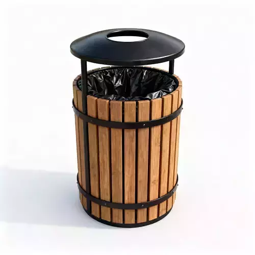 Round Wooden Park Trash Bin 3D Model