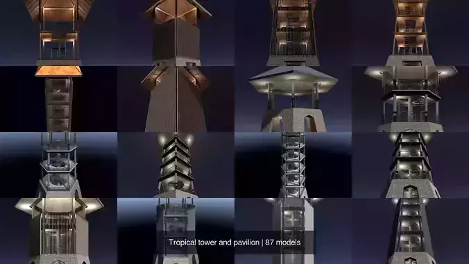 Tropical tower and pavilion 3D Model Pack 7