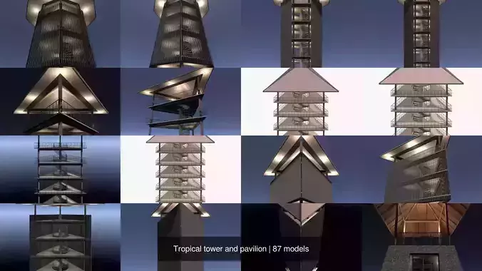 Tropical tower and pavilion 3D Model Pack 5