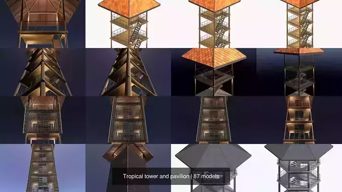 Tropical tower and pavilion 3D Model Pack