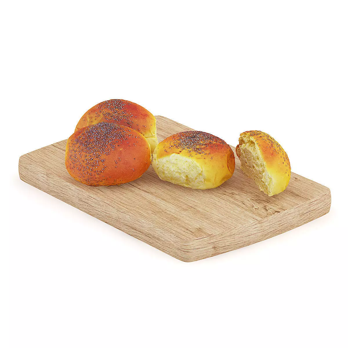 Sliced Bun with Poppy Seeds on Wooden Board 3D model_0