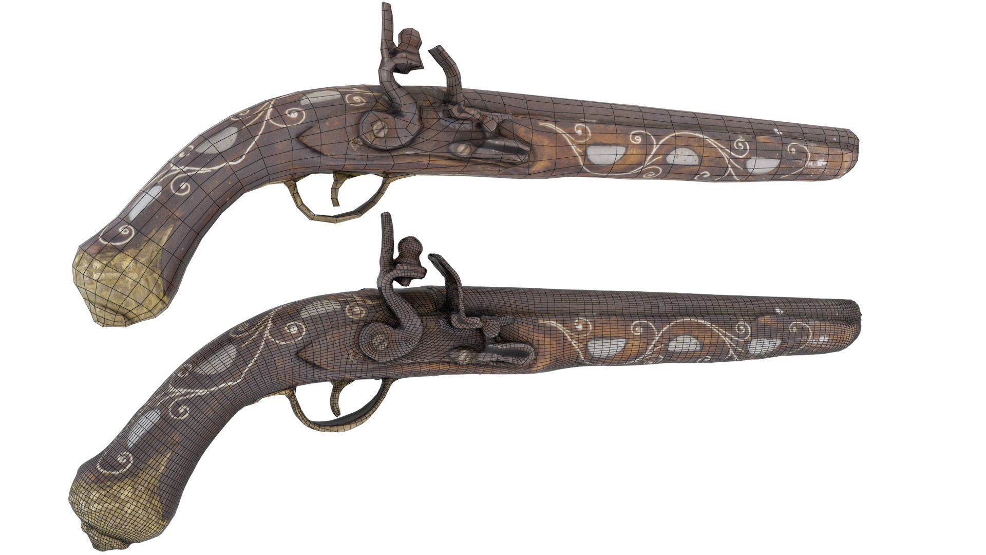 Flintlock Pirate Pistol - High and Low Poly versions Low-poly 3D model_1