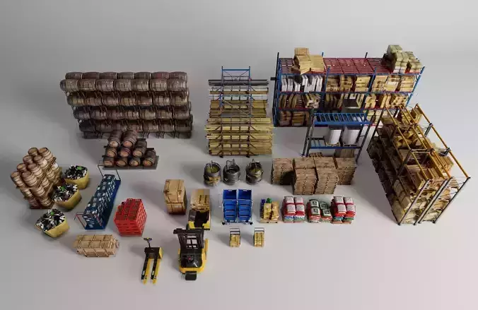 Warehouse Props Pack Pallets Barrels Crates Forklifts Racks Low-poly 3D model