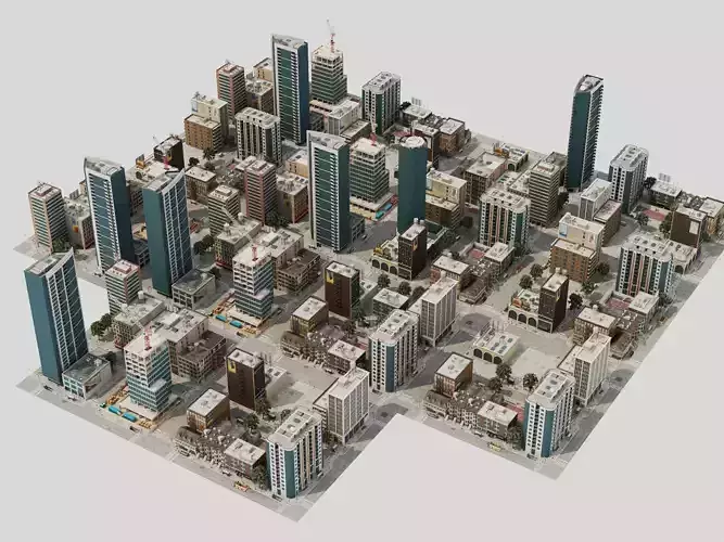 Modern City Buildings Pack Skyscrapers Low Rise Construction Low-poly 3D model