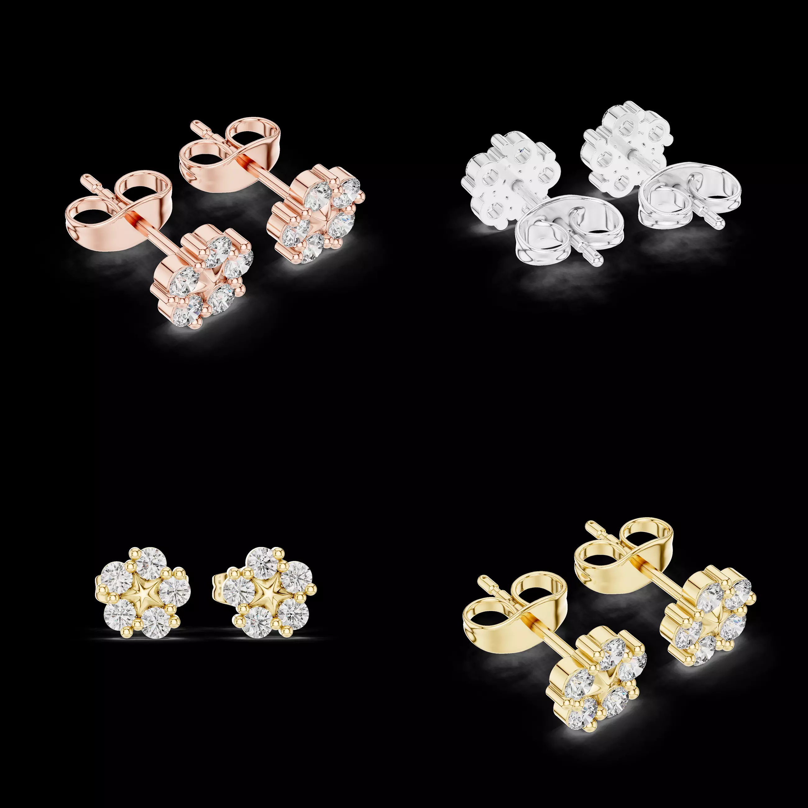 Floral Diamond Cluster Stud Earrings 3D Model for Jewelry STLPro 3D print model