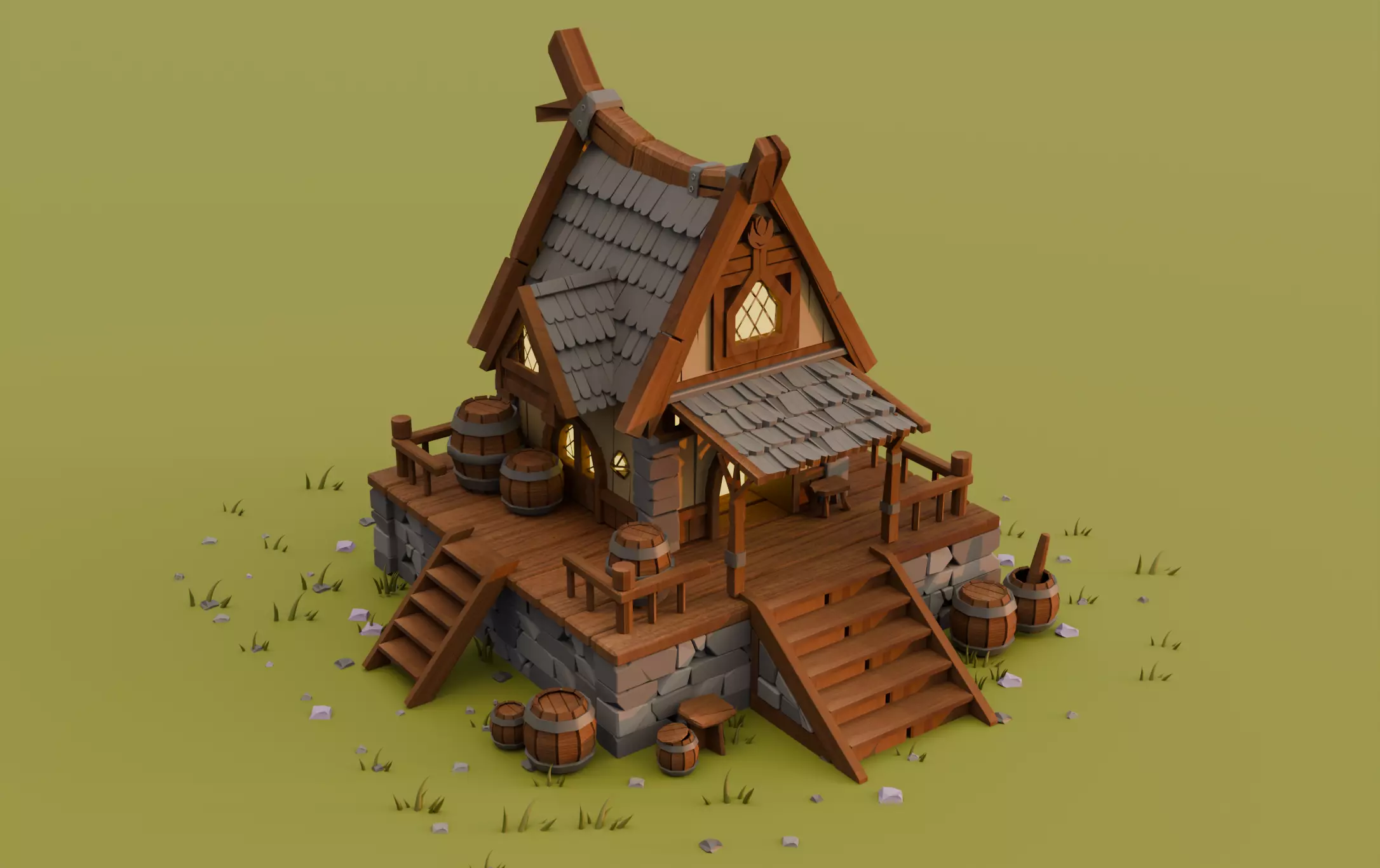 Stylized Medieval Wooden House Low Poly 3D Model 3D model