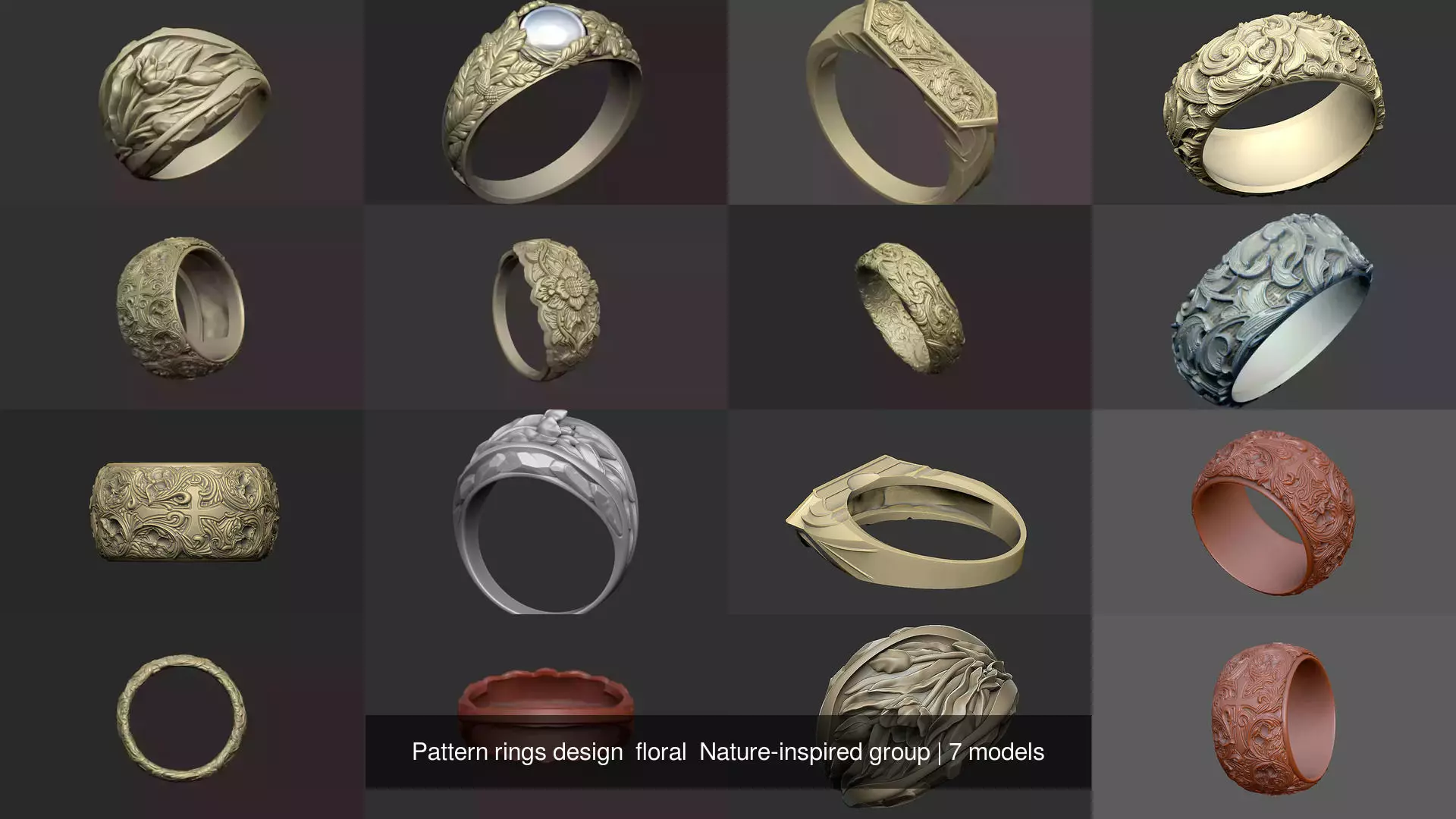 Pattern rings design floral Nature-inspired group 3D Model Pack