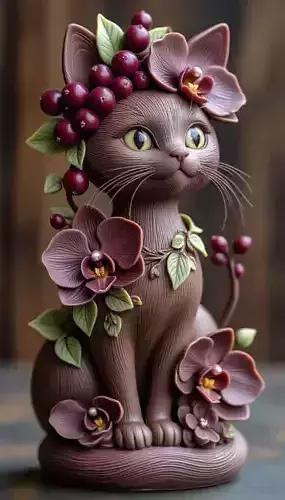 Floral Cat Statue Decorative Sculpture 3D Model