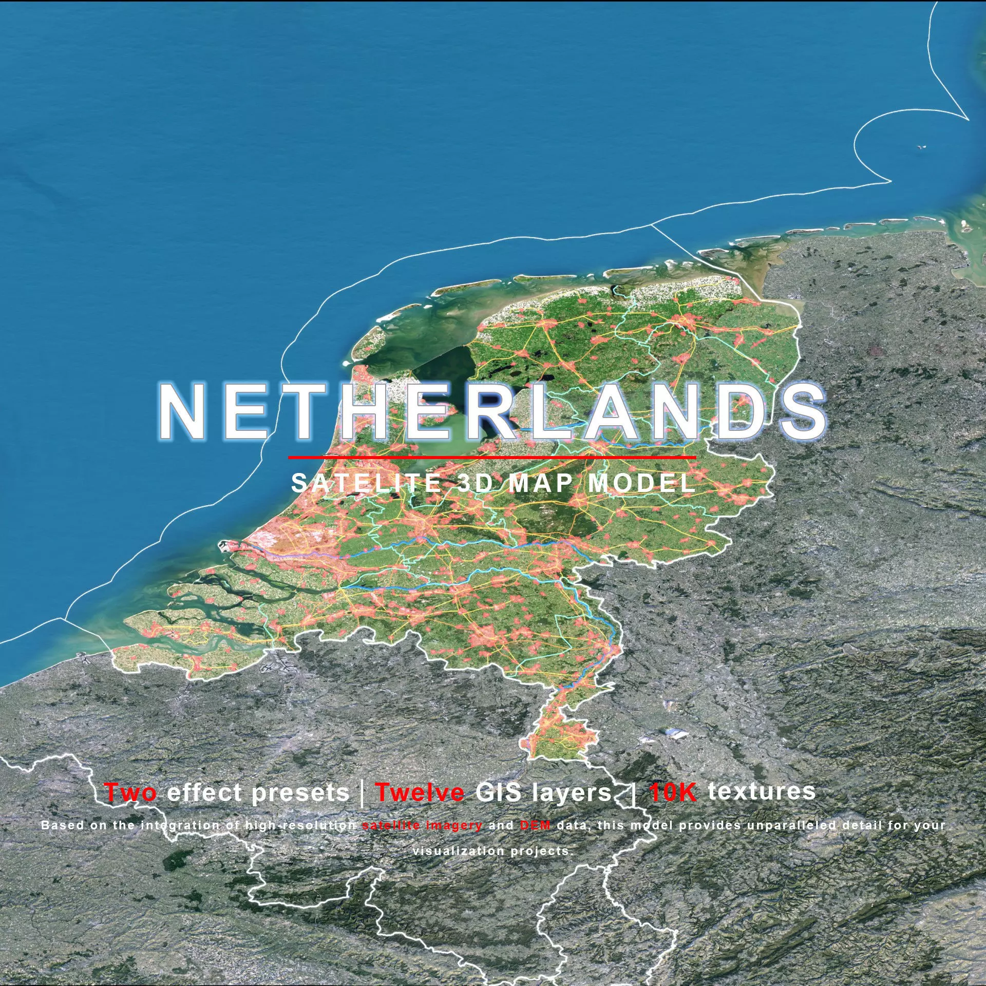 Netherlands Map - 10K Realistic Satellite Terrain - Elevation 3D model