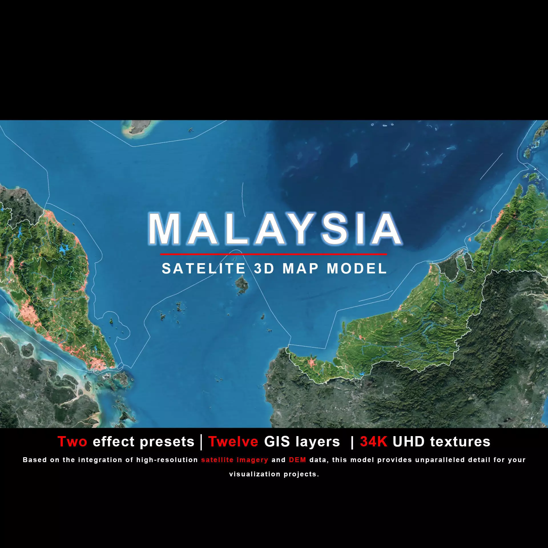 Malaysia Map - 34K Realistic Satellite Terrain - Elevation 3D model