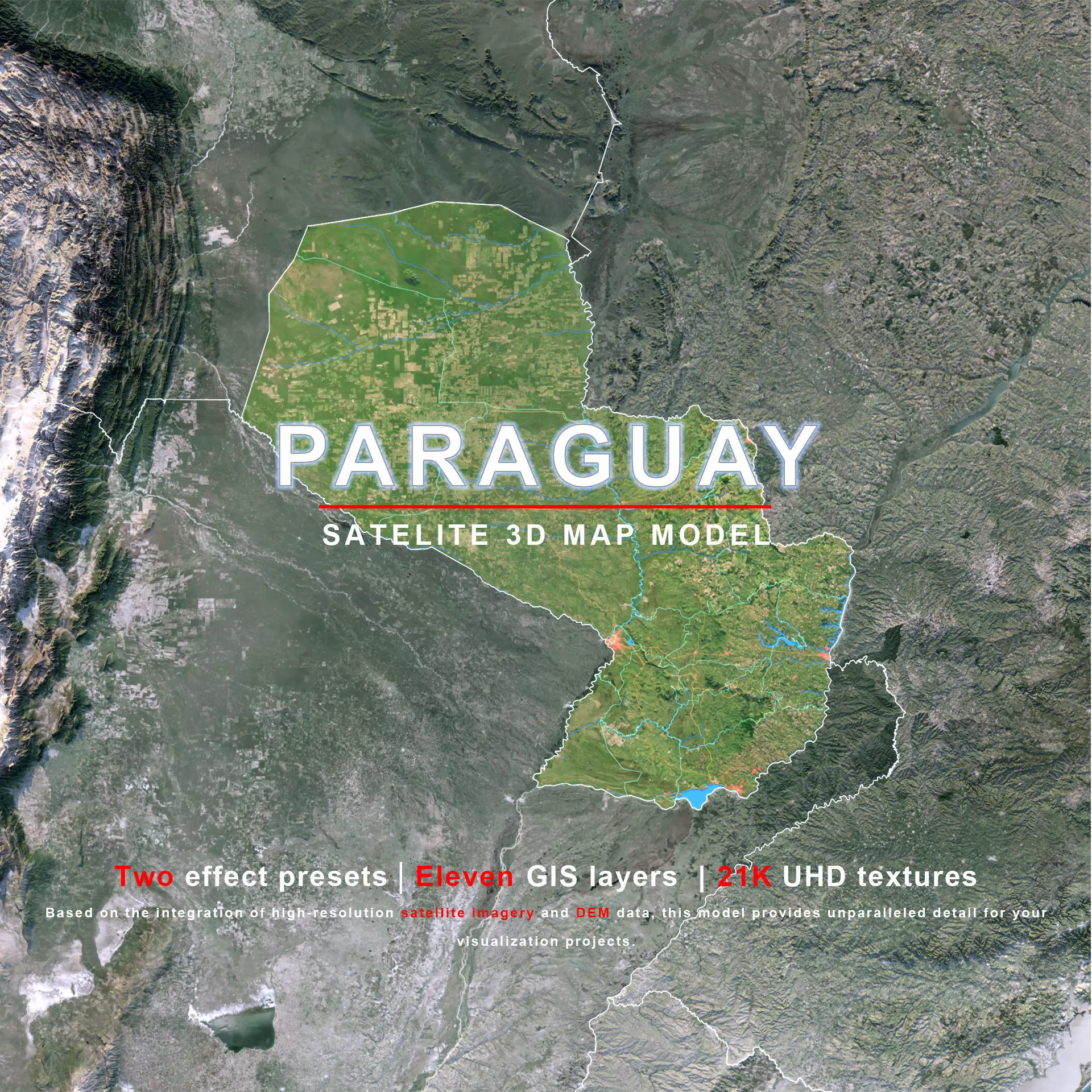 Paraguay Map - 21K Realistic Satellite Terrain - Elevation 3D model