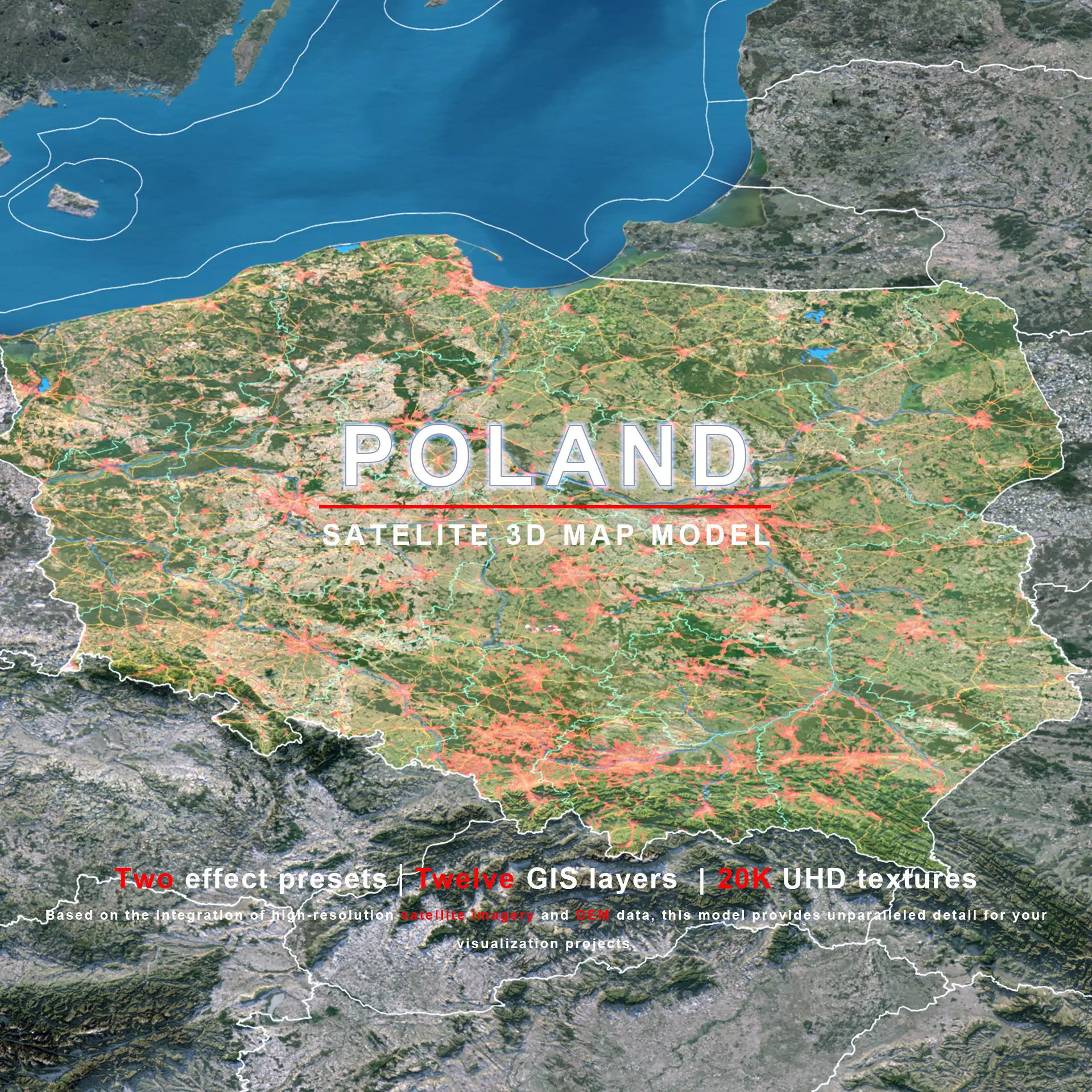 Poland Map - 20K Realistic Satellite Terrain - Elevation 3D model
