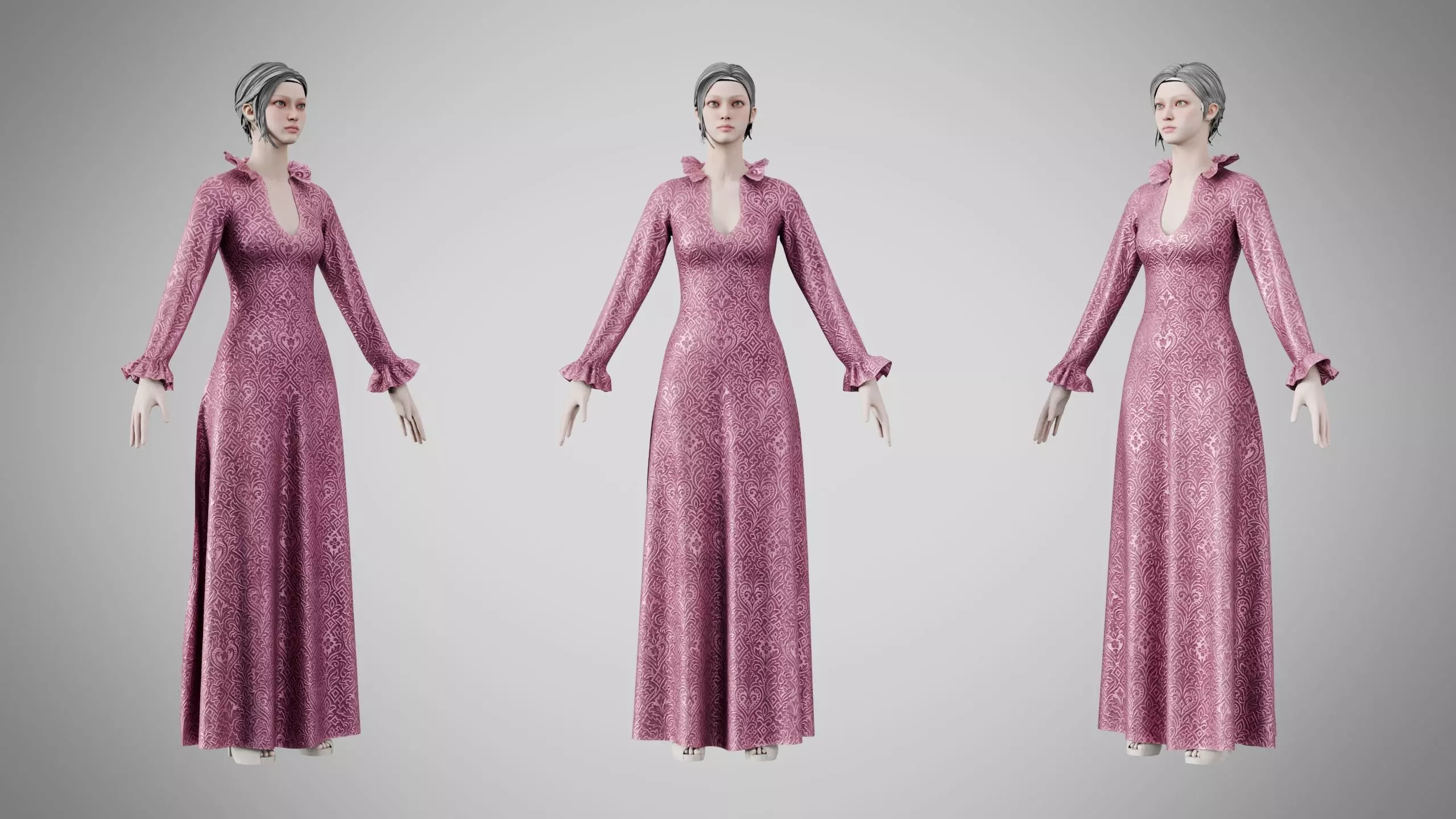 Dress 29 Dusty Rose Velvet With Design Low-poly 3D model