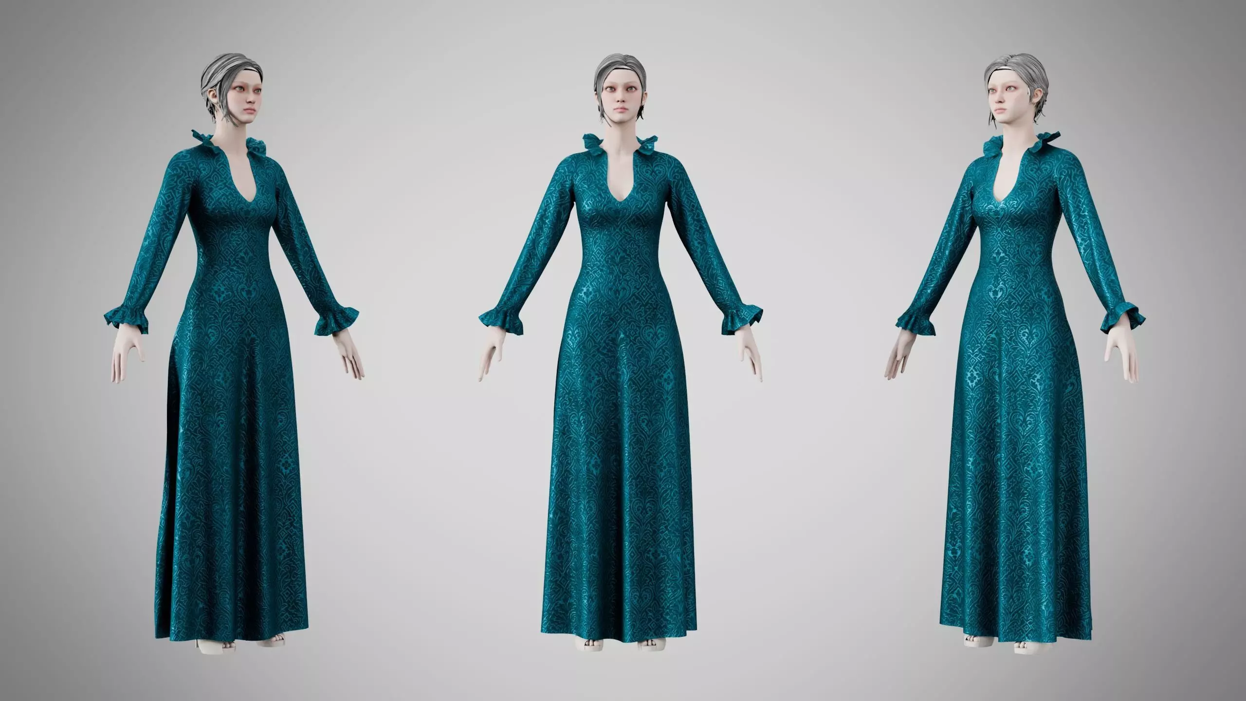 Dress 29 Teal Velvet With Design Low-poly 3D model
