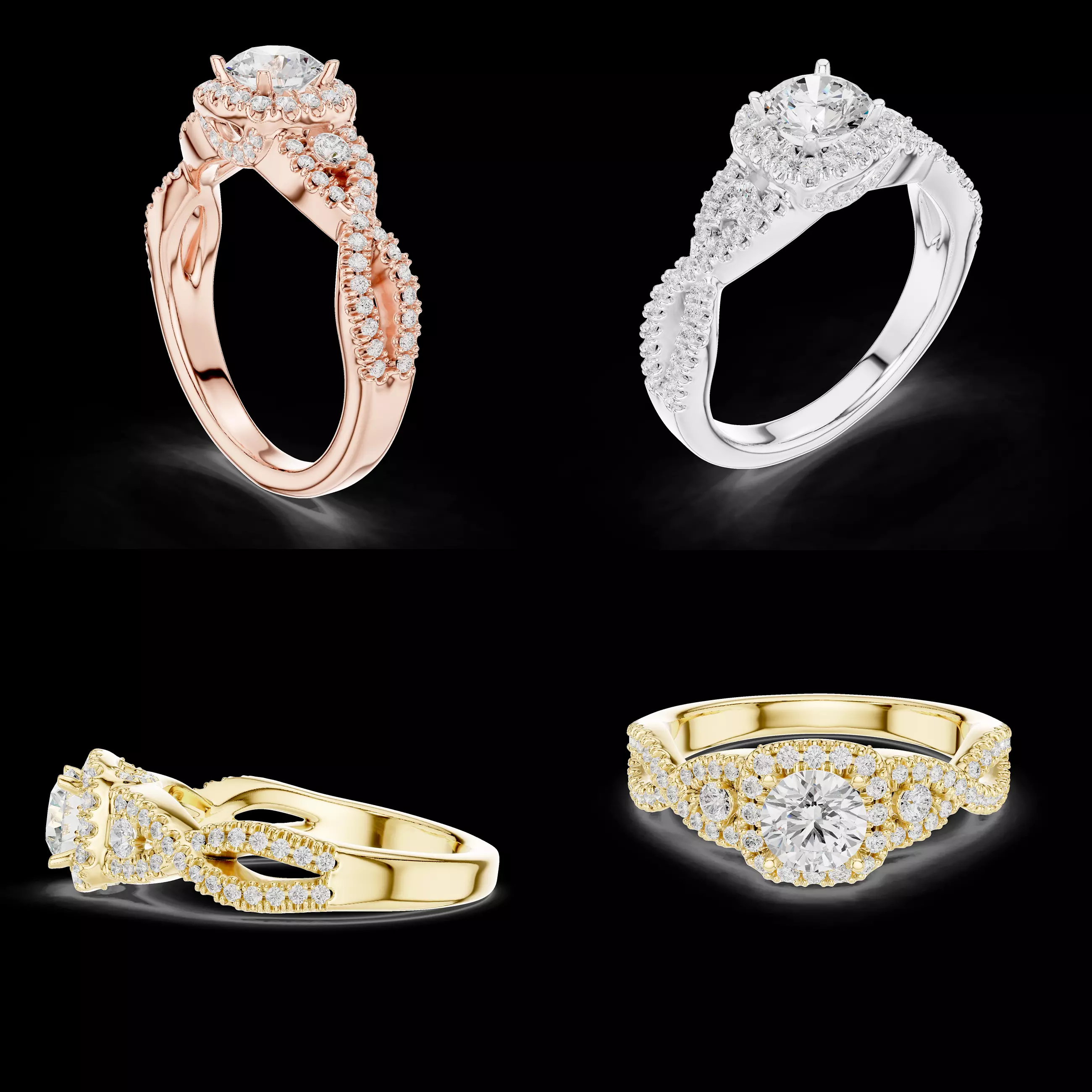 Vintage Halo Twisted Diamond Engagement Ring CAD Model 3D Print 3D print model