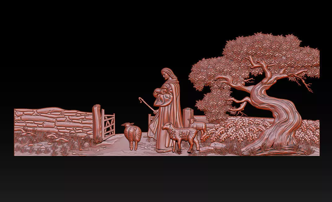 The Good Shepherd 3D Relief Biblical Pastoral Scene 3D print model