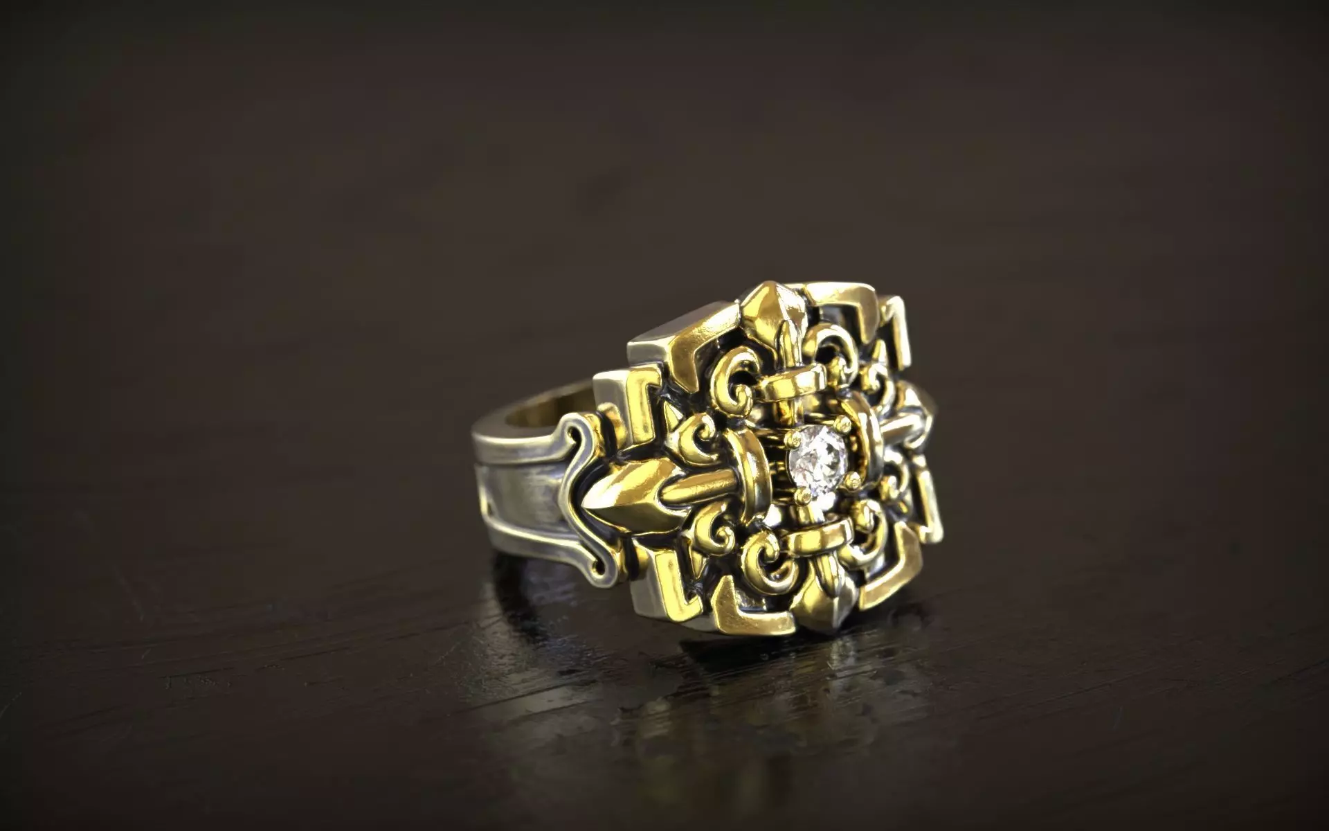 Luxury Ornate Gold Diamond Gents Ring 3D print model