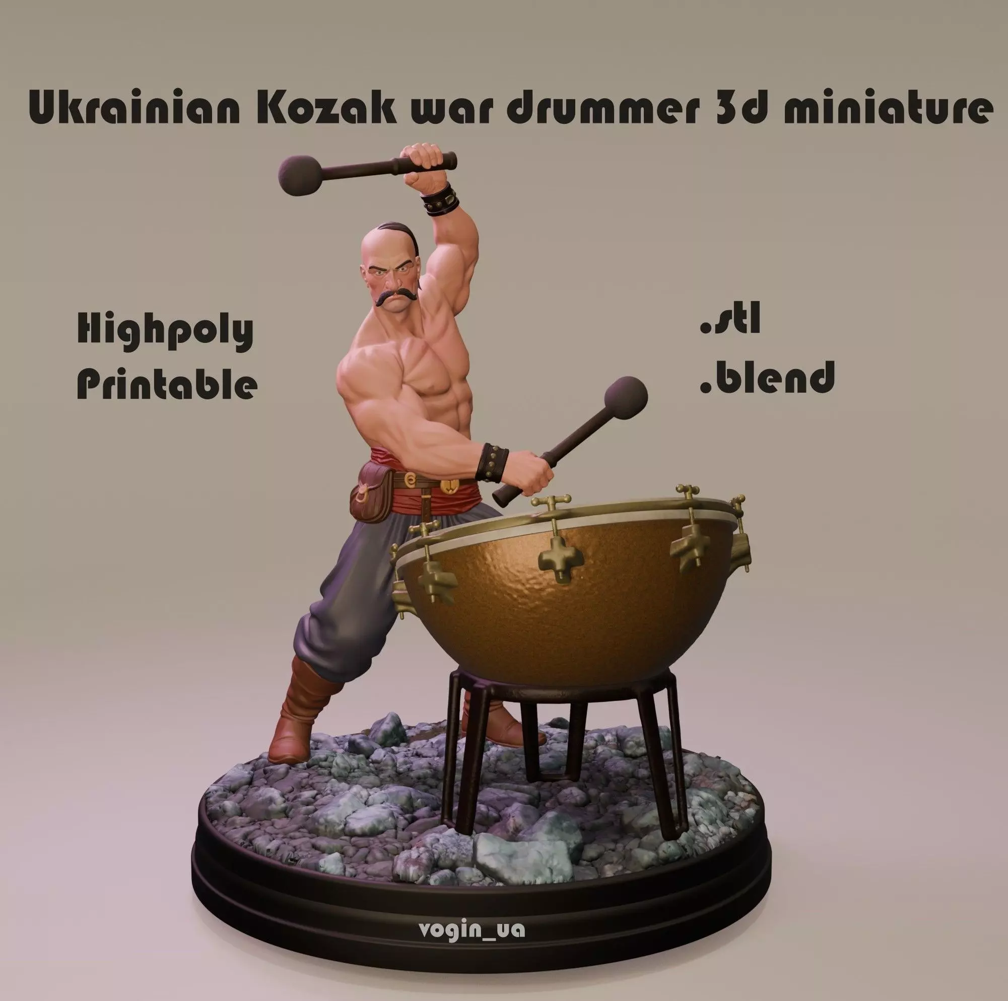 Kozak Ukrainian war drummer Cossack highpoly 3d model 3D print model