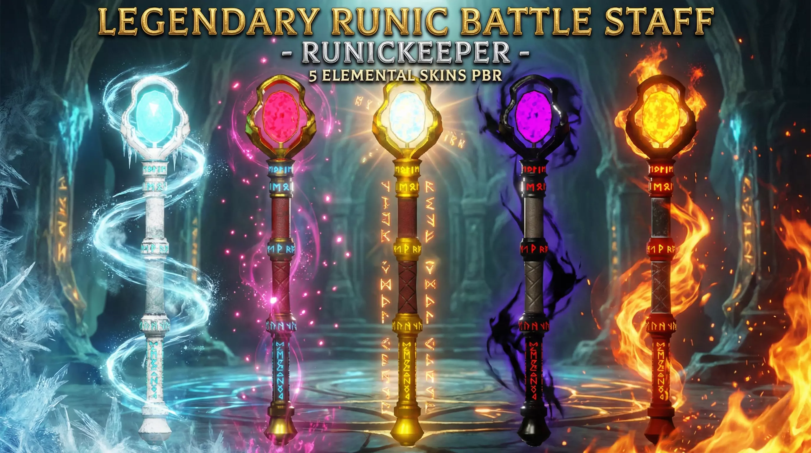 Legendary Runic Battle Staff - RunicKeeper - 5 Elemental Skins Low-poly 3D model