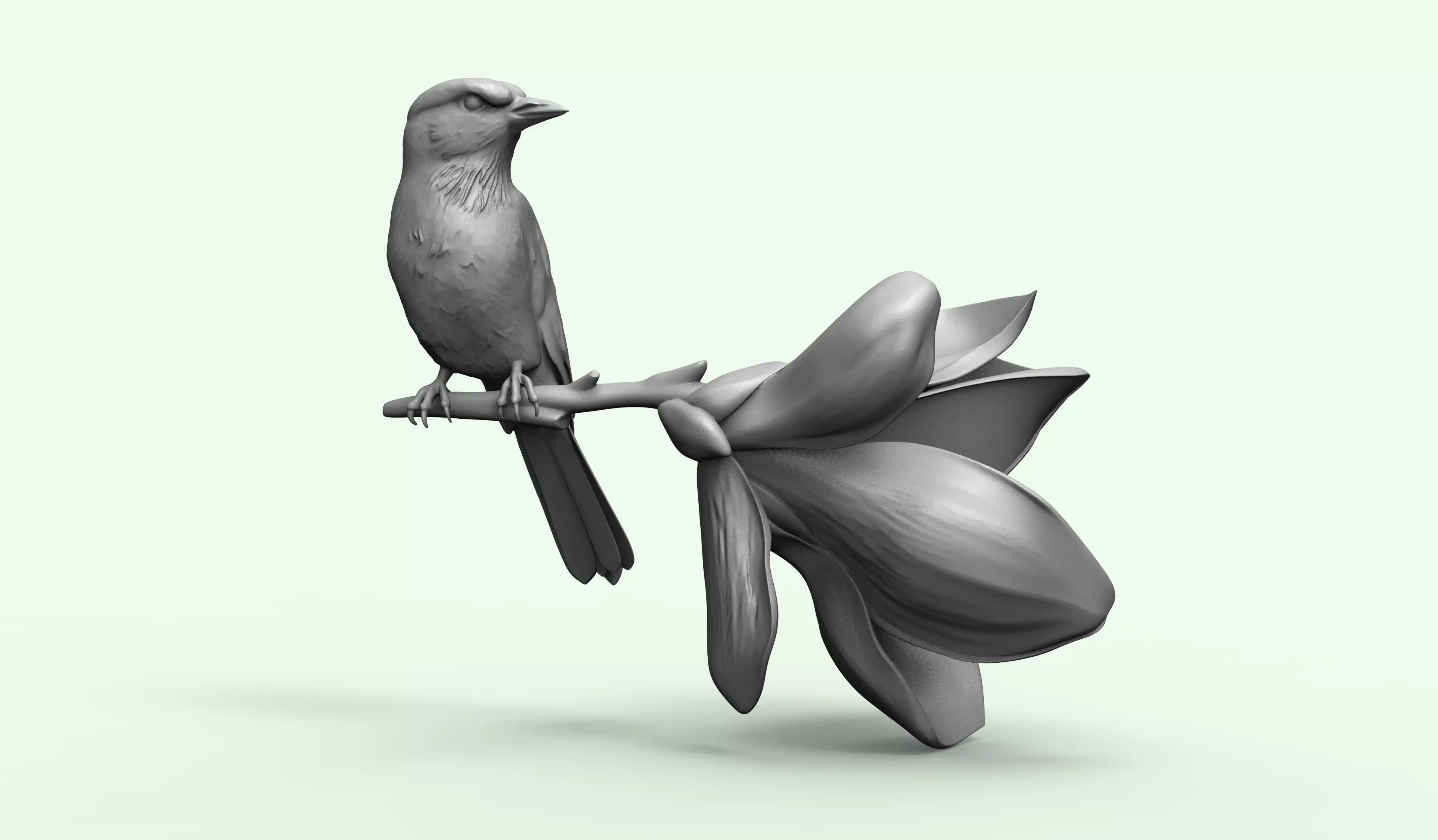 Bird on Flowering Branch Elegant Nature Sculpture 3D print model