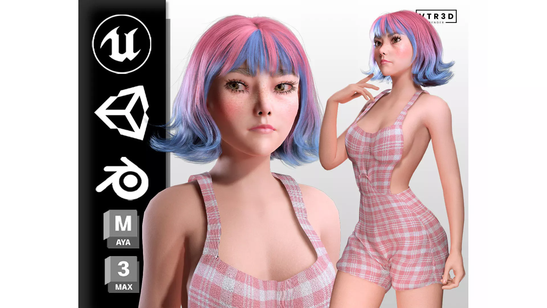 Stylized Realistic Female Character Casual Dress Colorful Hair Low-poly 3D model