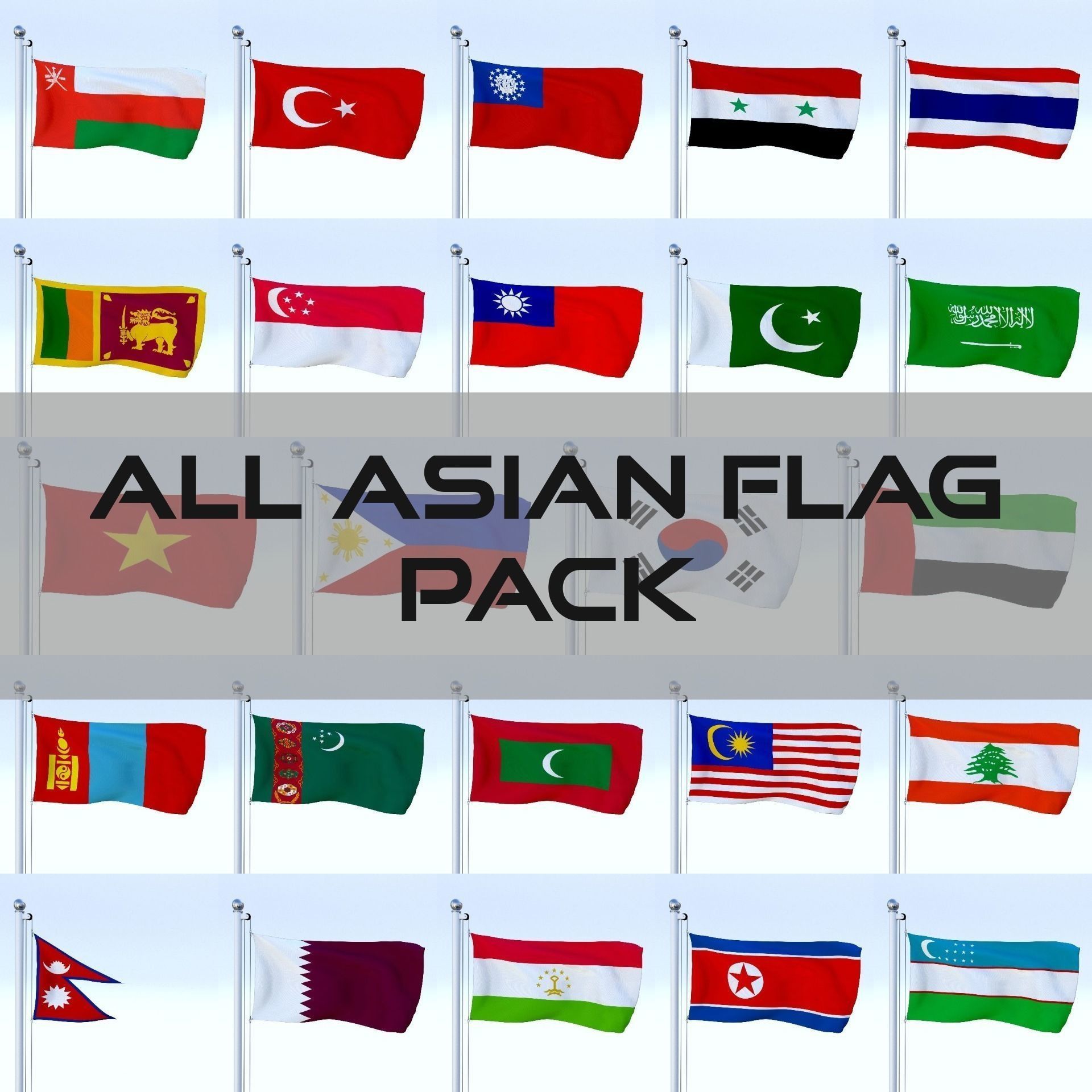 All Asian Flag Pack Low-poly 3D model_0