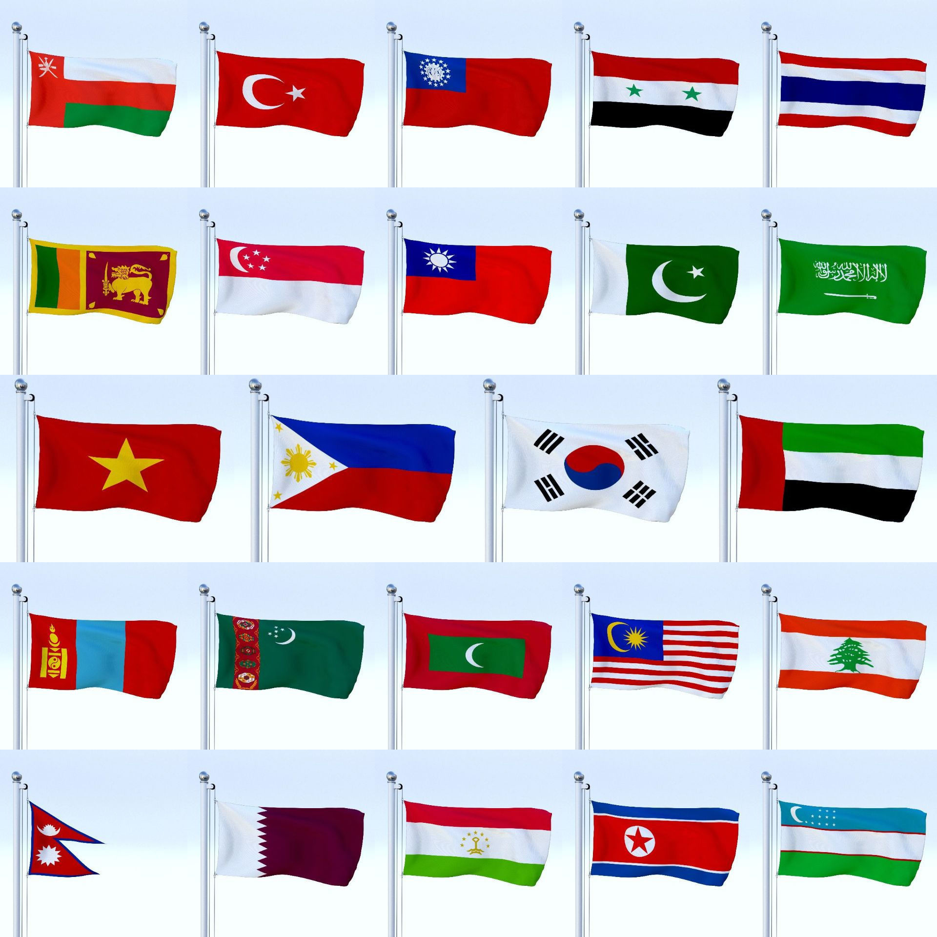 All Asian Flag Pack Low-poly 3D model_1