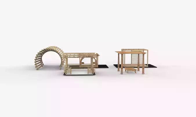 Wooden pergola set 2 3D model 4