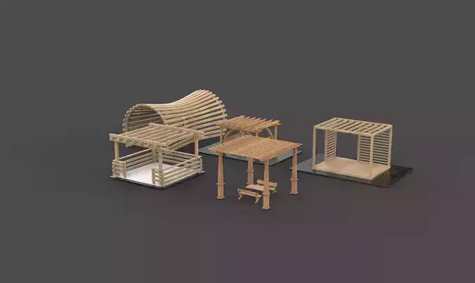 Wooden pergola set 2 3D model 7