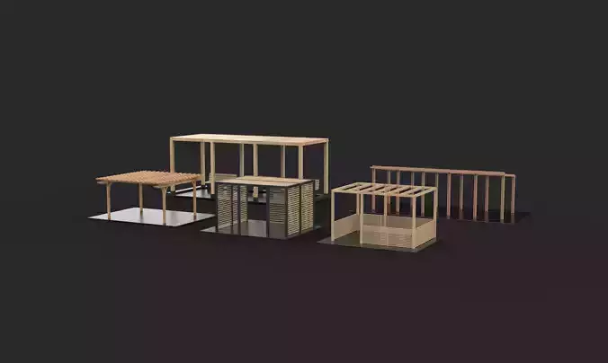 Wooden pergola set  3D model 6