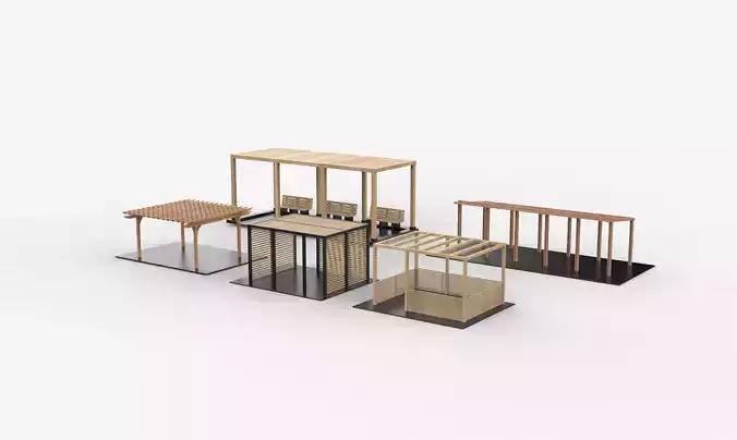Wooden pergola set  3D model 4