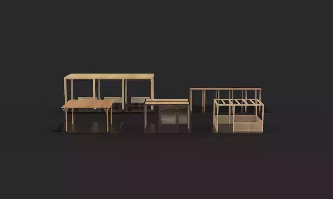 Wooden pergola set  3D model 7