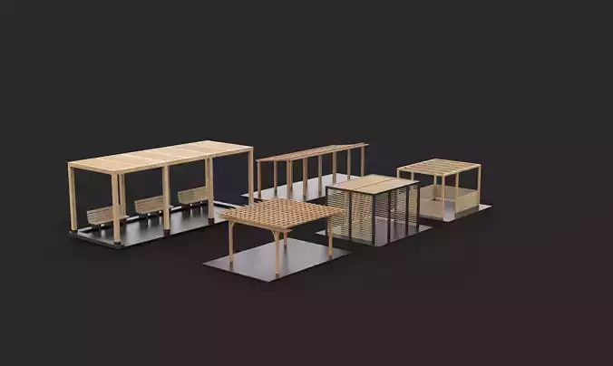 Wooden pergola set  3D model 2