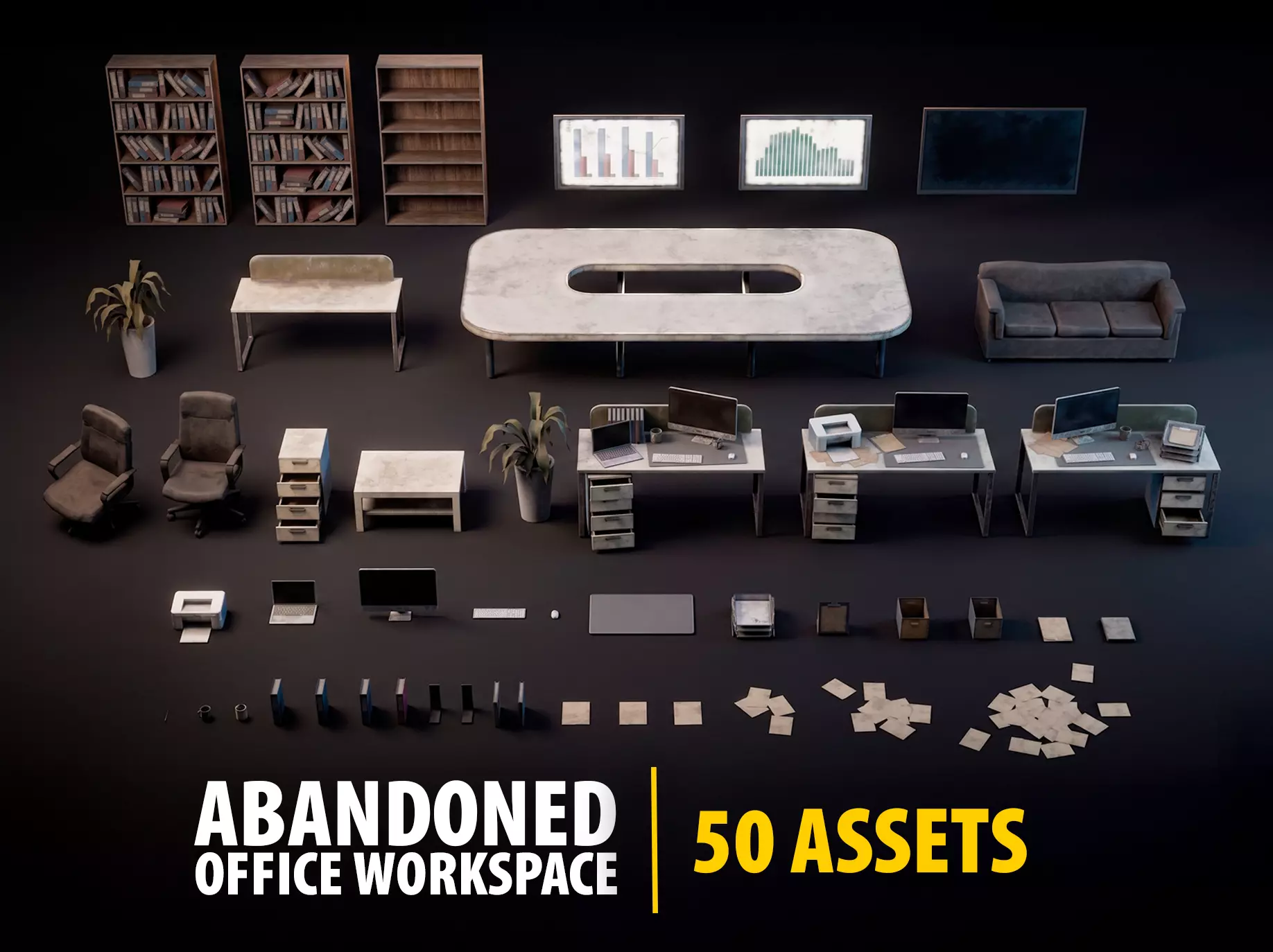 Abandoned Office Furniture and Props Pack - 50 Assets PBR Low-poly 3D model