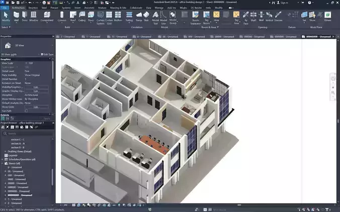 Office Building interior and exterior - REVIT PROJECT 3D model 3