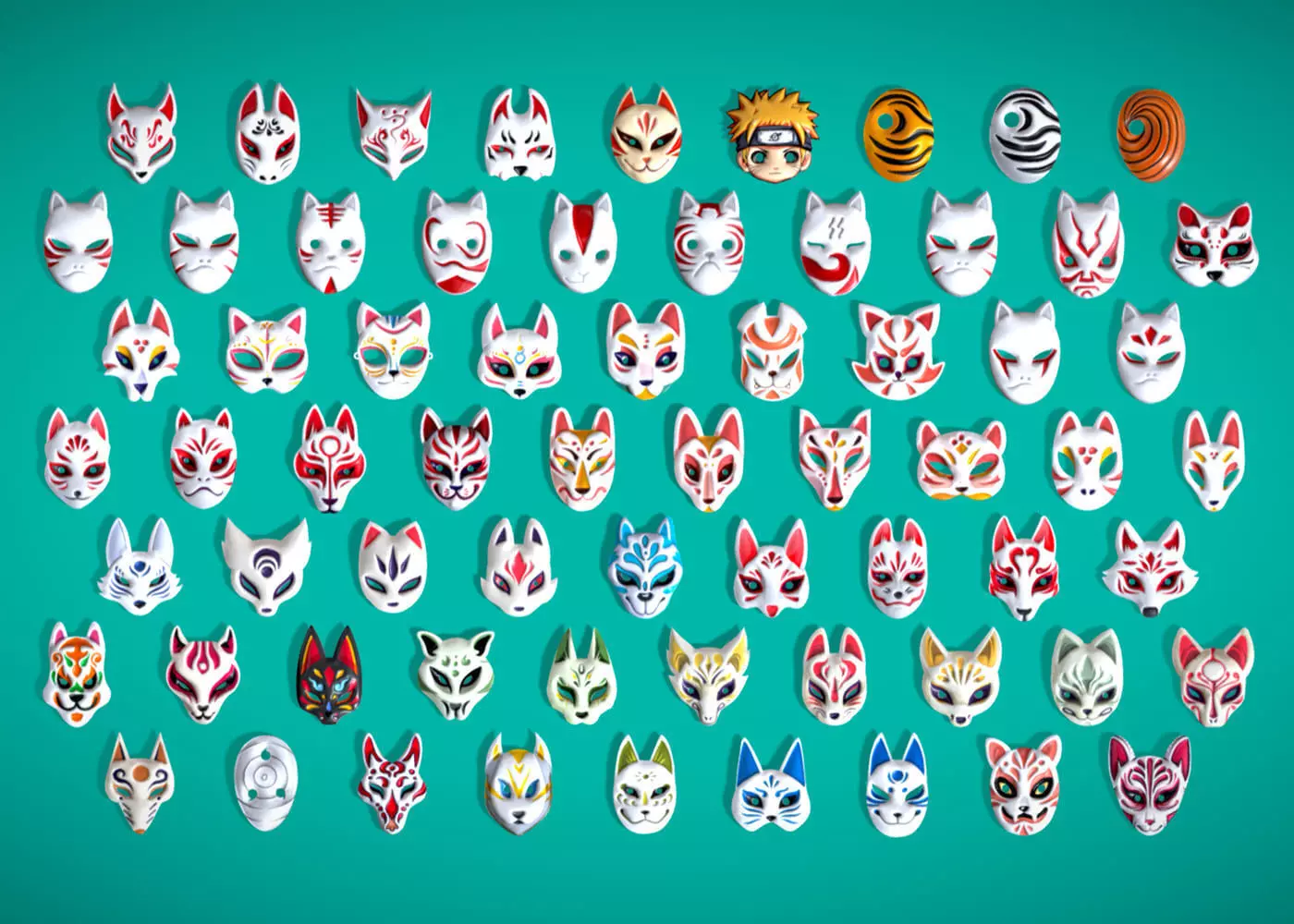 66 Anime Ninja Masks Pack - Samurai Warrior Toon Pack Low-poly 3D model