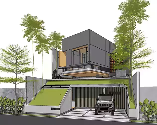 3D Model Modern 2 Story Contemporary House Facade Cantilever  3D model 2